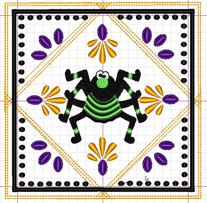FTCu screen shot of design with modified geometric fringe quilt block with center of design removed and spider placed in the middle