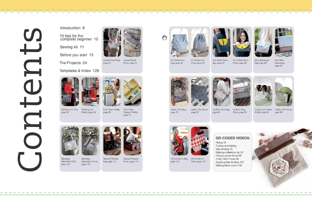 Table of contents for Half Yard Bags and Purses shown at September Sew Fun