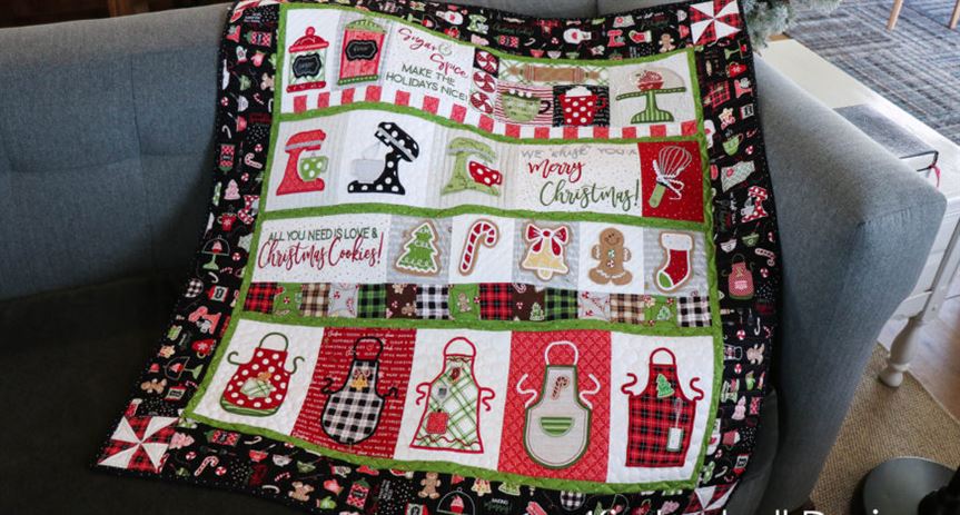 Photo of quilt made from embroidery collection, We Whisk You a Merry Christmas