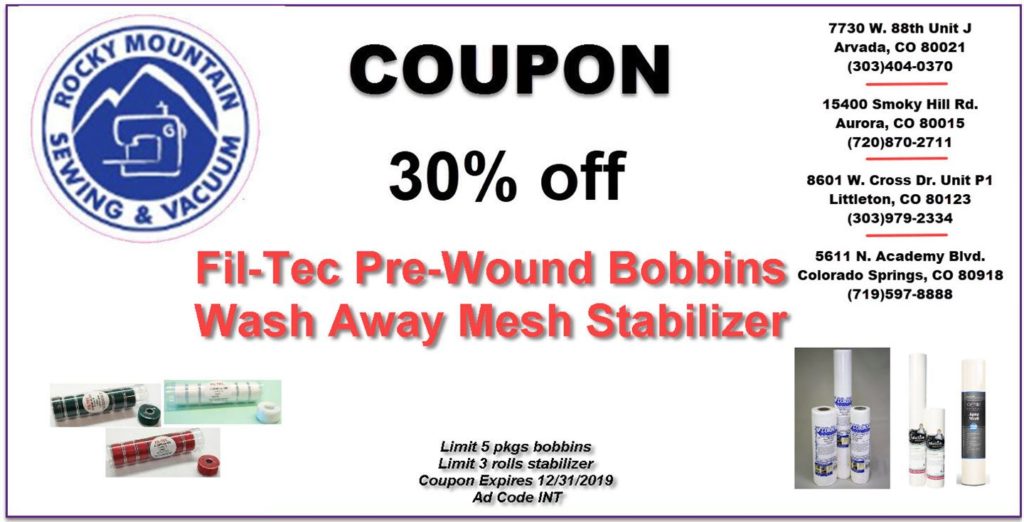 Coupon for 30% off wash away stablizers and pre-wound bobbins