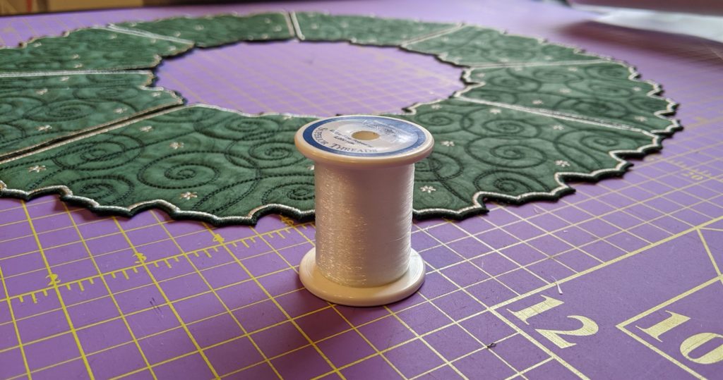 Photo of mono poly thread used to sew Free Standing Holiday Wreath panels together