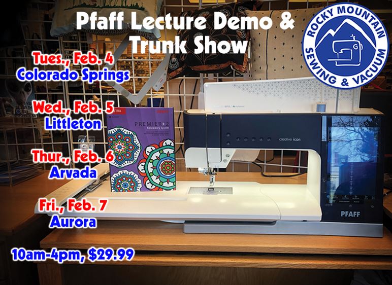 Photo of PFAFF Creative Icon with information on trunk shows for February events