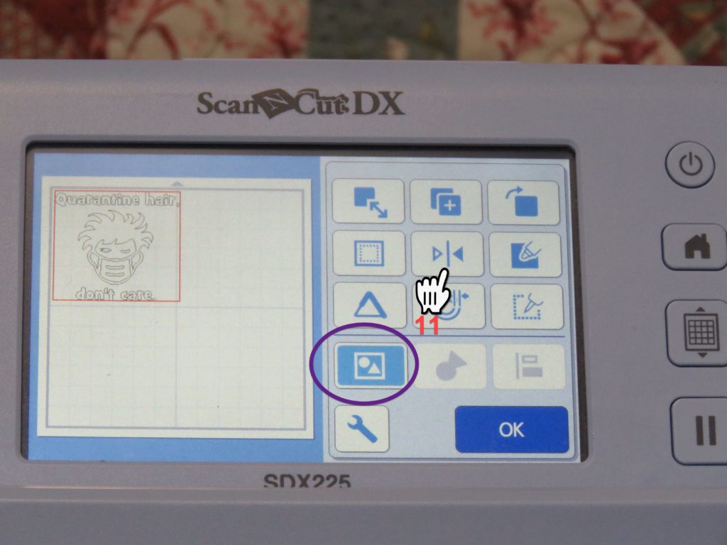 Screen Shot of Brother SDX225 showing selecting the mirror button for Quarantine Hair grouped design