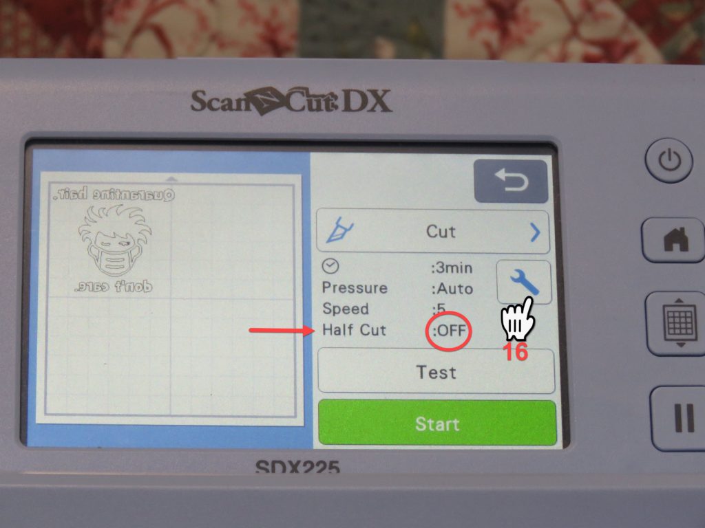 Screen Shot of Brother SDX225 showing cutting options with focus on half cut.
