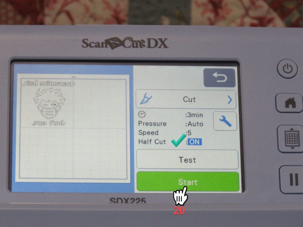 Screen Shot of Brother SDX225 showing the start cutting button