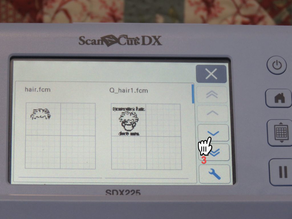 Screen Shot of Brother SDX225 showing scrolling to find fcm file