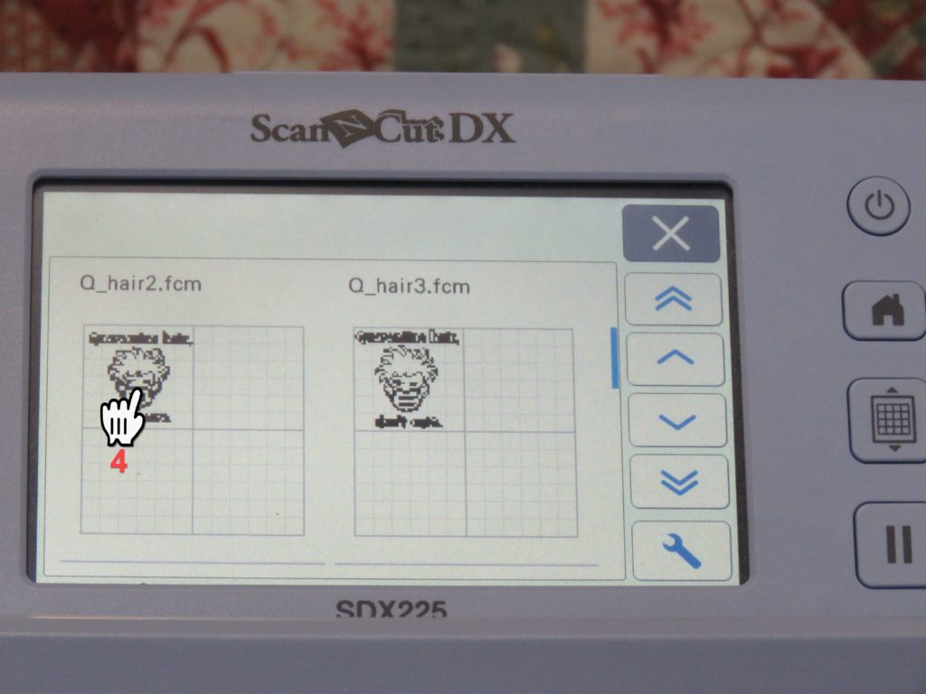Screen Shot of Brother SDX225 showing selecting Quarantine Hair graphic fcm file