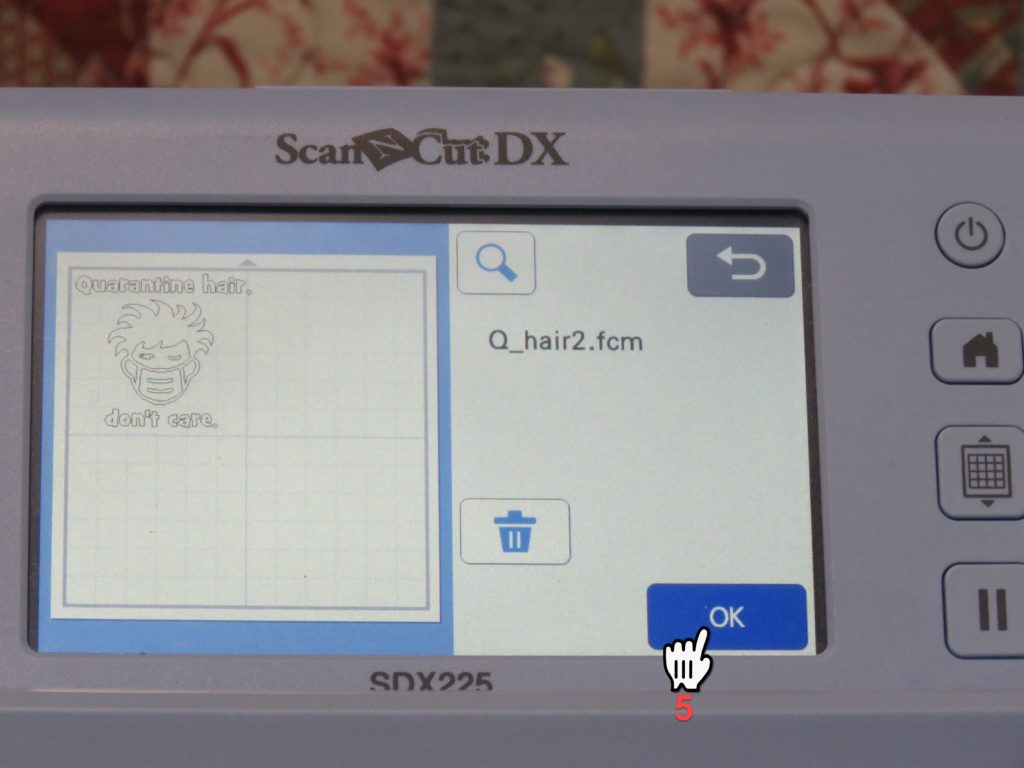 Screen Shot of Brother SDX225 showing confirming selection of Quarantine Hair fcm file.