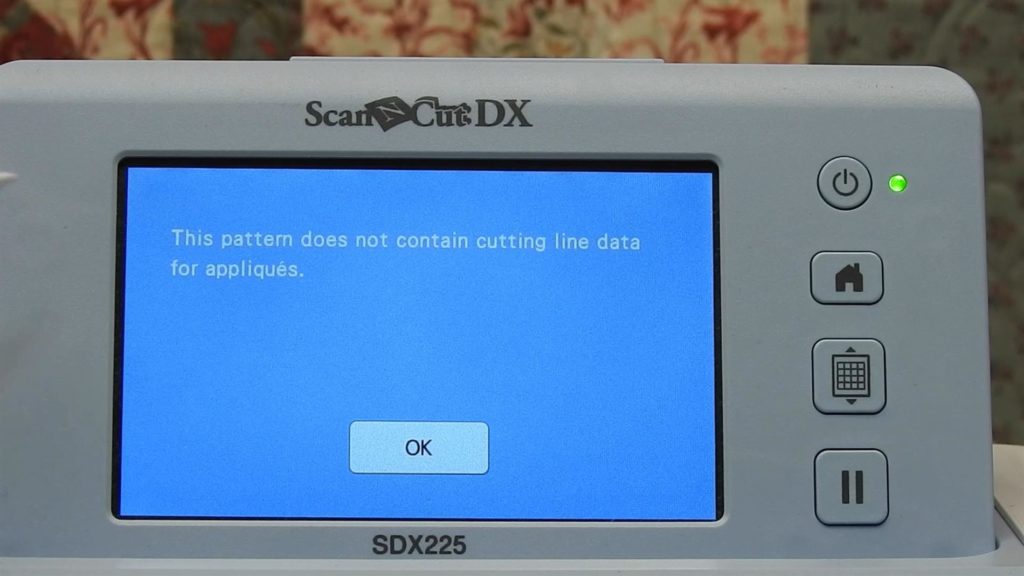 Screen shot from ScanNCut SDX225 indicating no cut data  for applique found in .pes file