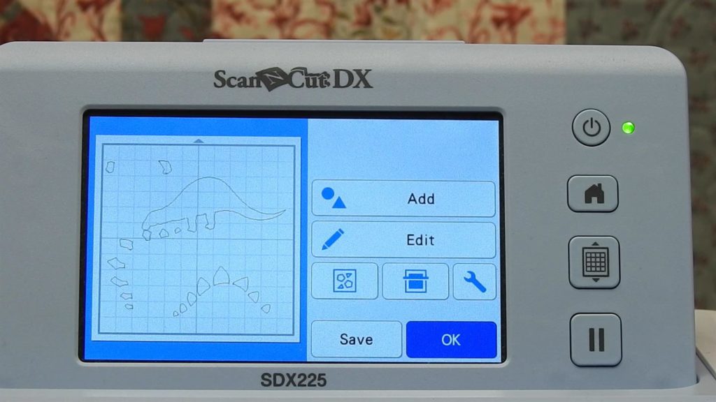 Screen shot of ScanNCut SDX225 with just placement stitches for appliques remaining. File ready to save.