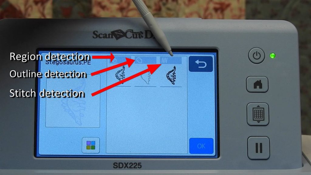 Screen shot of ScanNCut SDX225 with detection options for applique cutting data