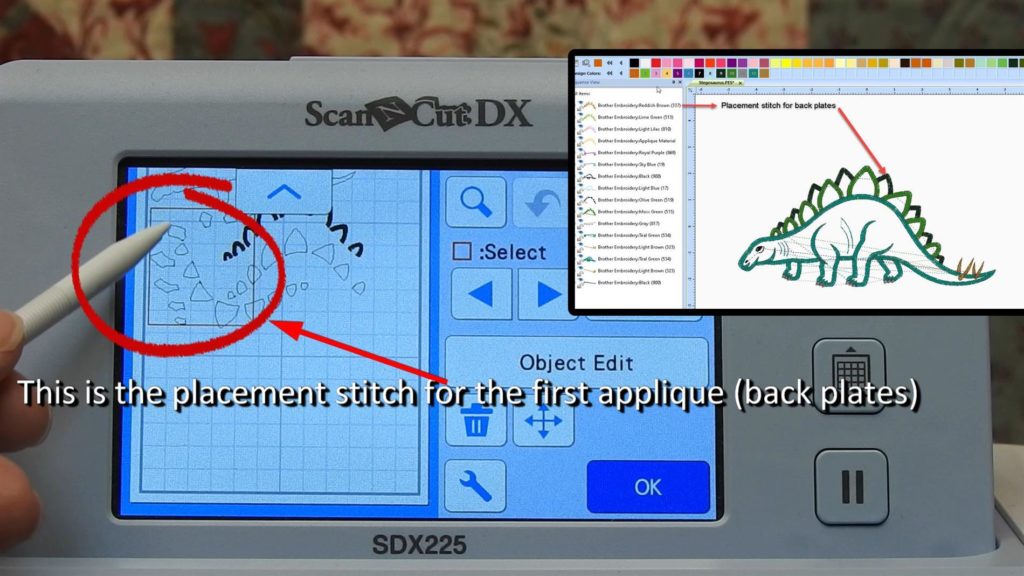 Screen Shot of ScanNCut SDX225 showing placement stitch for first applique
