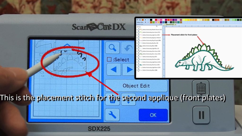 Screen shot of ScanNCut  SDX225 with second placement stitch for front plate applique is selected