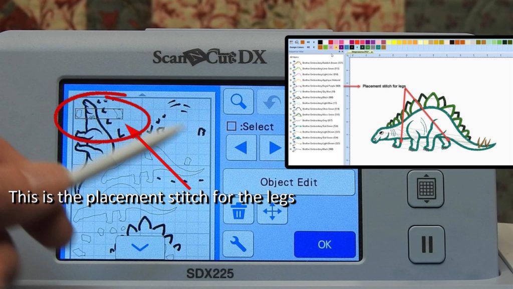 Screen shot of ScanNCut  SDX225 message when selecting placement stitch for dinosaur legs applique