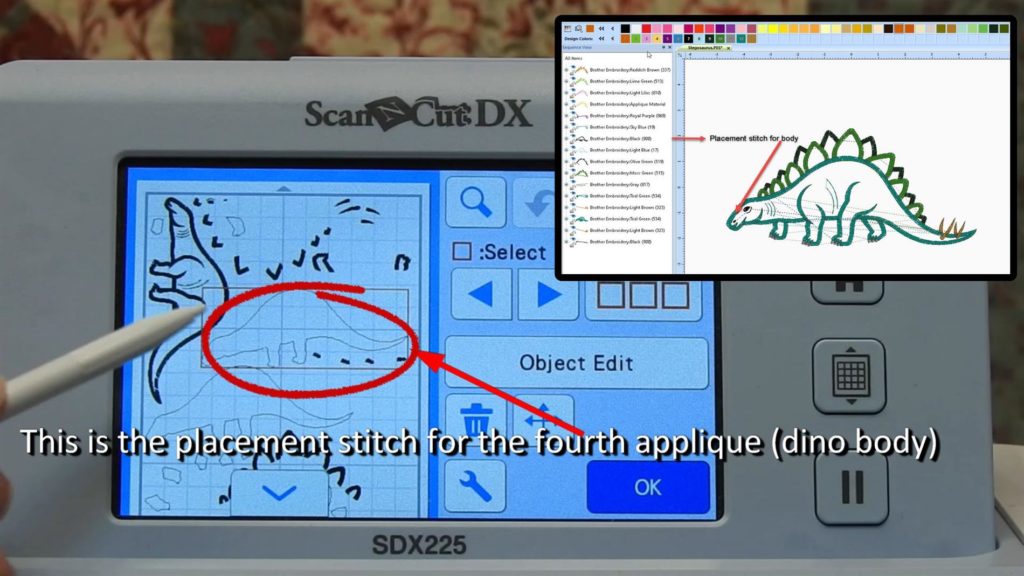 Screen shot of ScanNCut  SDX225 message when selecting placement stitch for dinosaur body applique