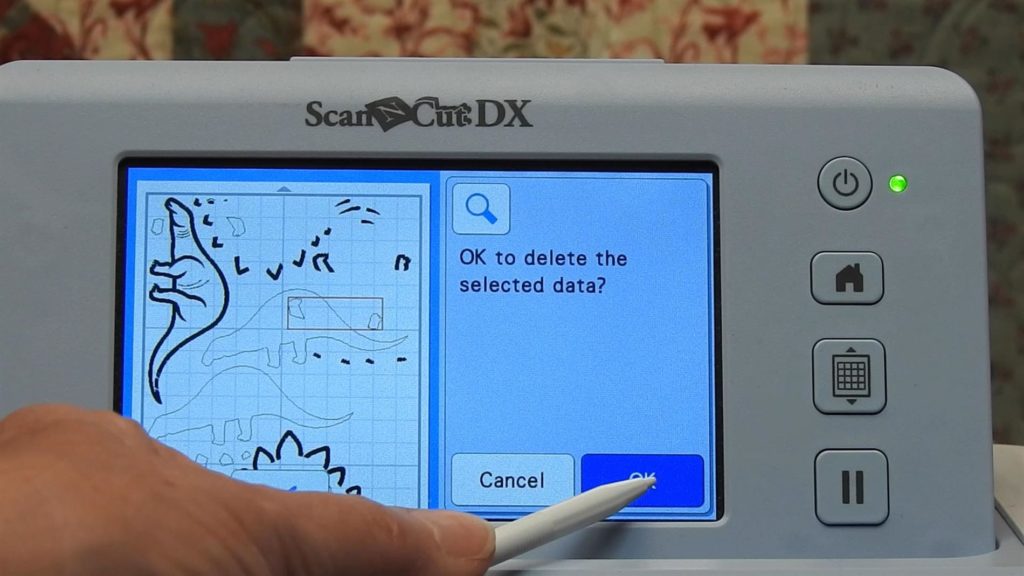 Screen shot of ScanNCut SDX225 message when selecting tackdown stitch for legs to be deleted