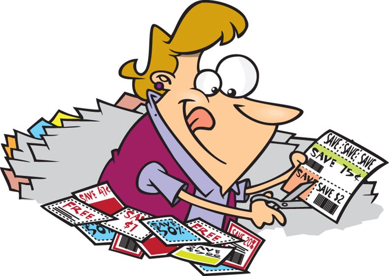 Cartoon of lady clipping coupons like the RMSV Discount Card