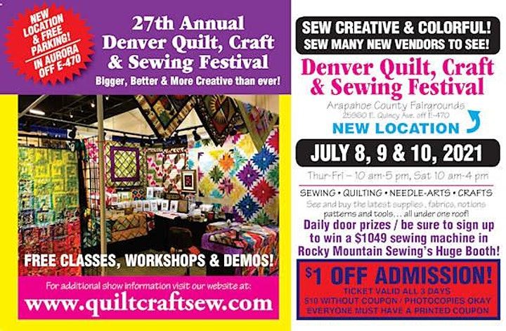 Festival postcard for 2021 Denver Quilt, Craft and Sewing Fesitvalp