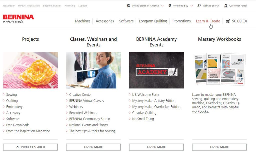 Screen Shot of Bernina Learn and Create web page