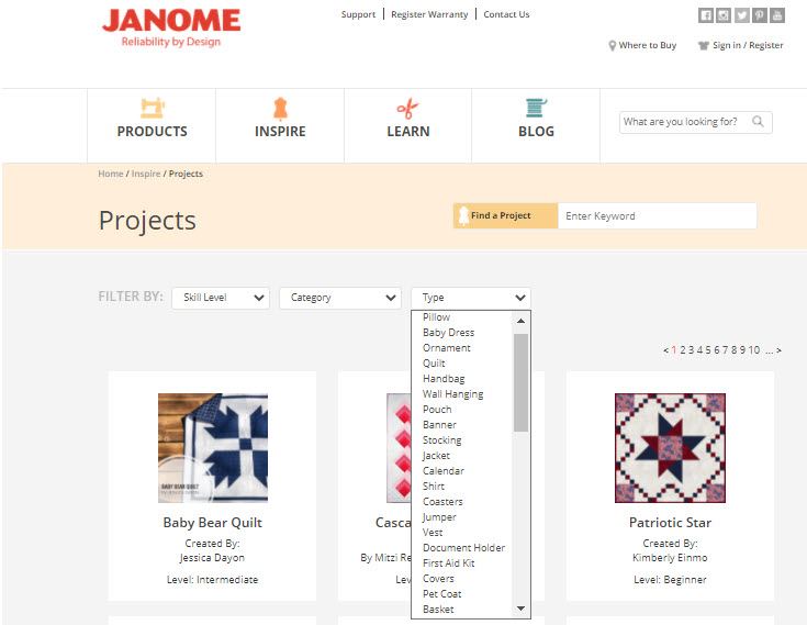 Screen shot of Janome Inspire web page with project type filter