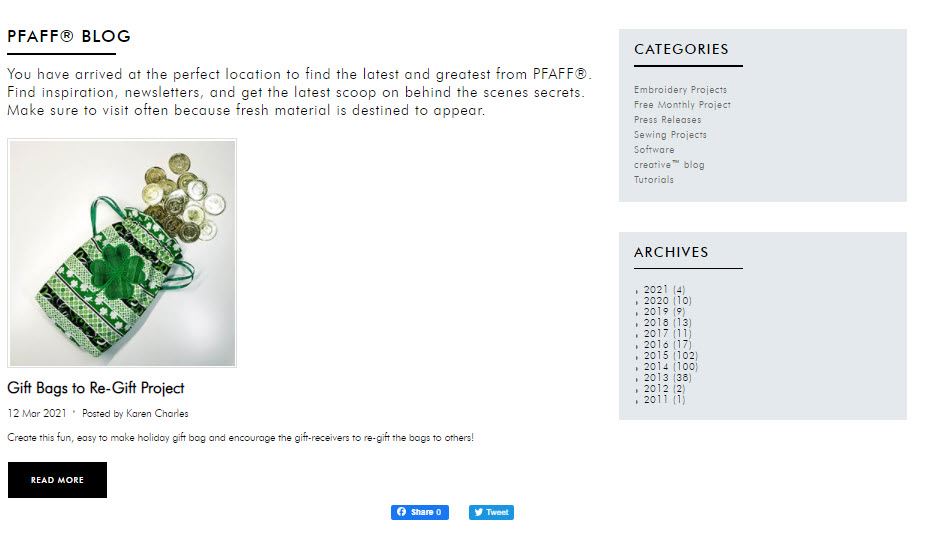 Screen shot of PFAFF blog webpage