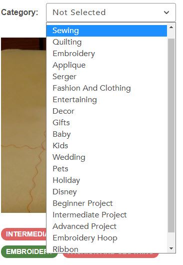 Screen shot of Brother's Stitching Sewcial categories