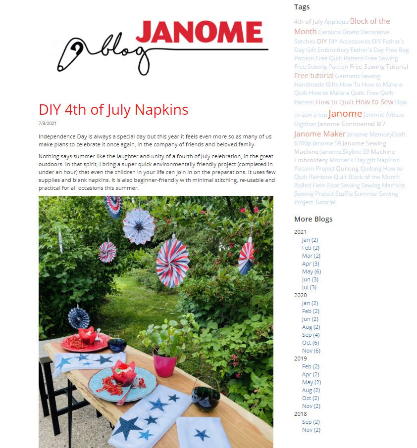 Screen shot of Janome blog webpage