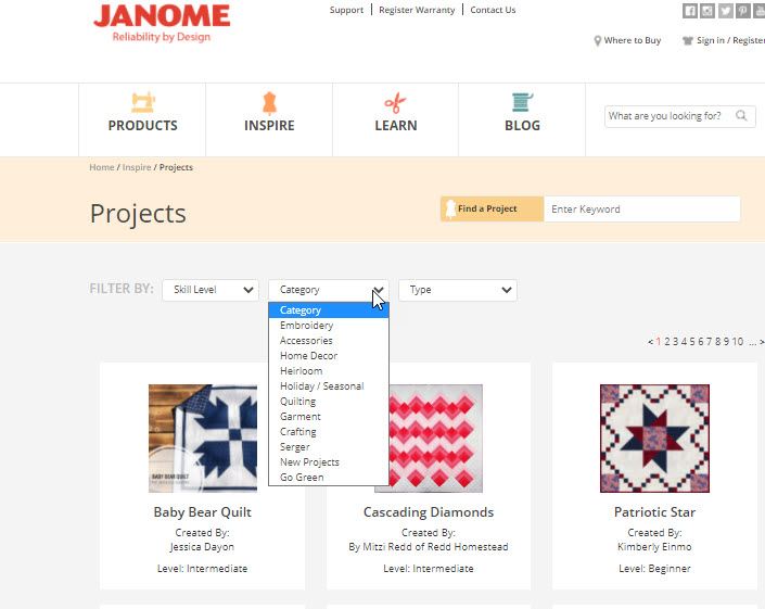 Screen shot of Janome categories to search blog webpage