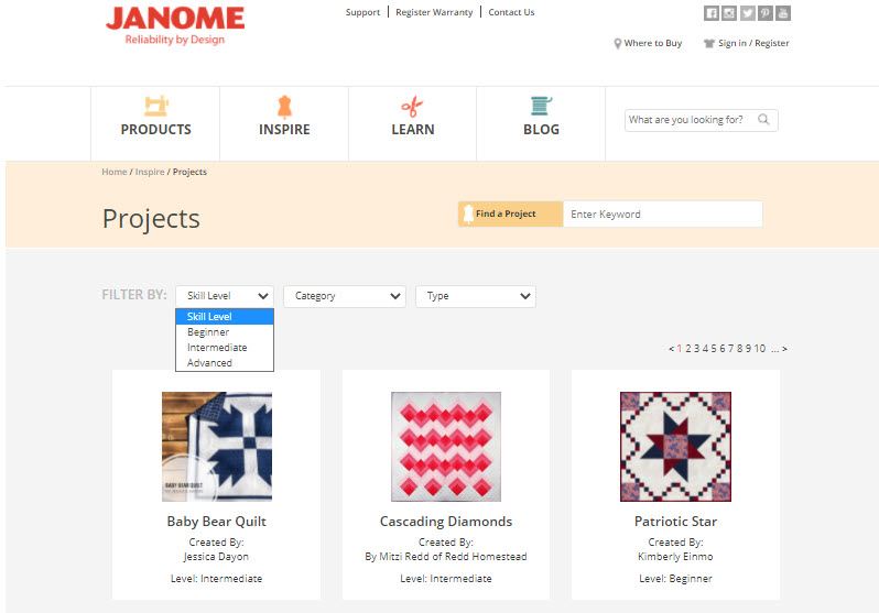 Screen shot of Janome Inspire web page with skill level filter