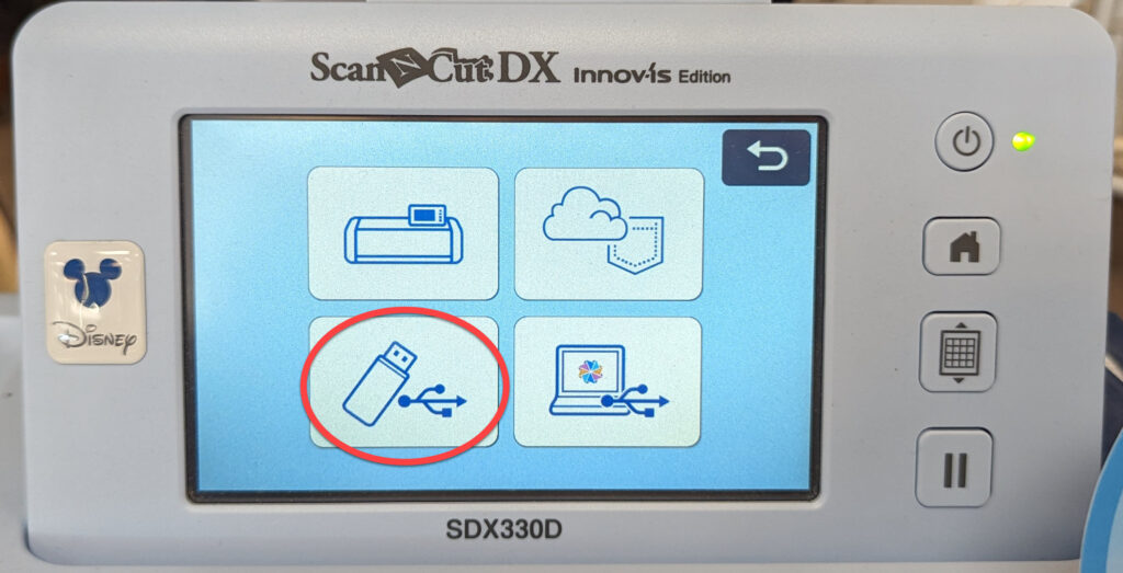 ScanNCut screen with USB icon circled.