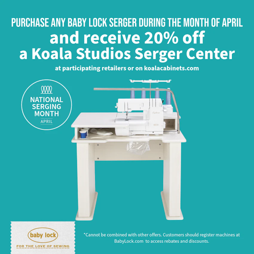 20% OFF Koala Studios Serger Center with purchase of Baby Lock Serger